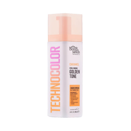 Bondi Sands front packaging showing caramel foam and warm glow benefit