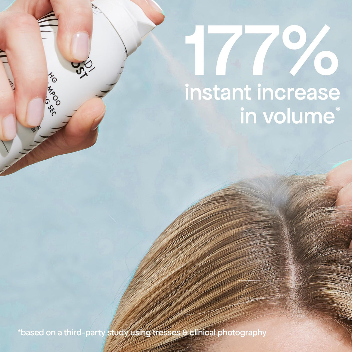 BONDIBOOST spray applied at roots demonstrating instant refresh benefit