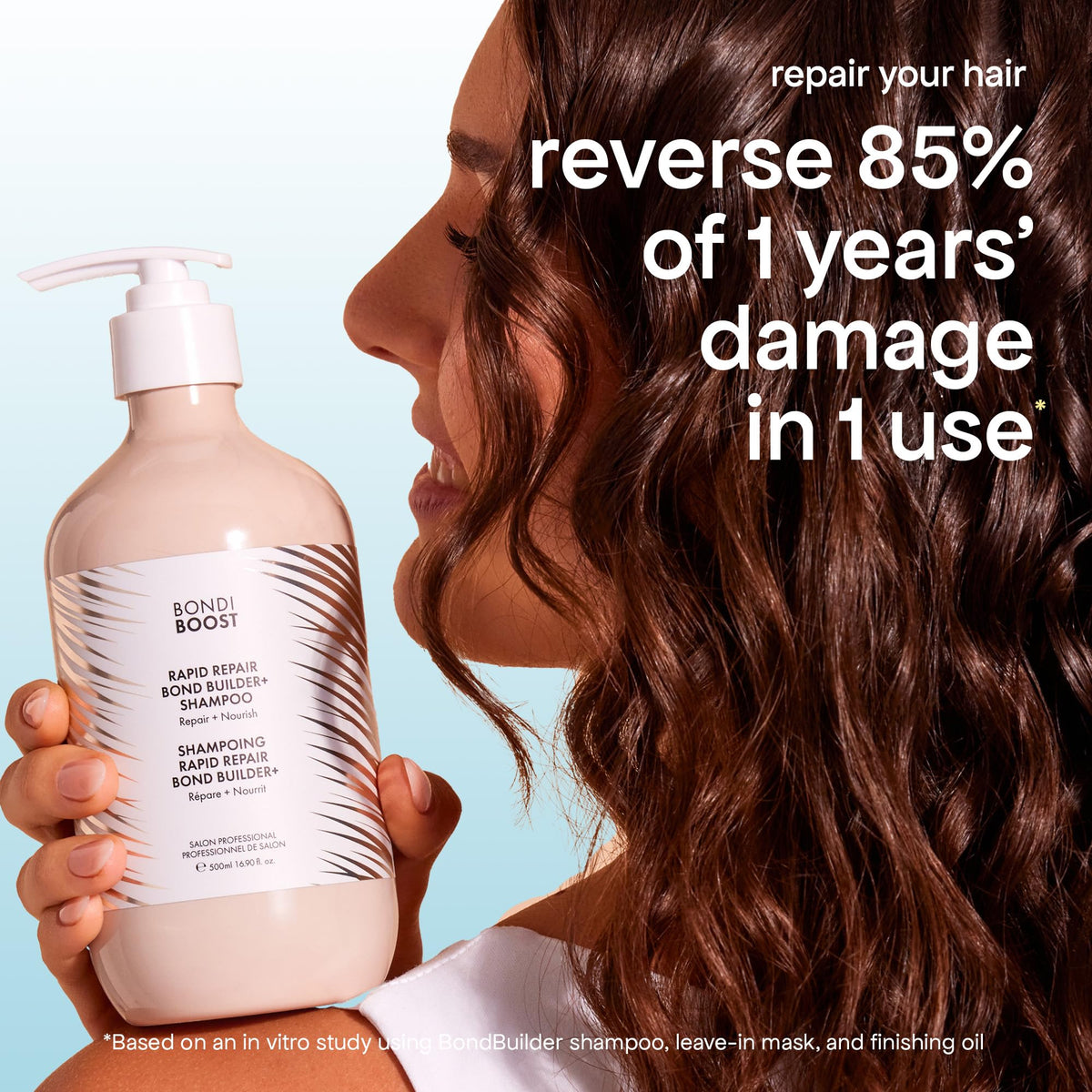 BONDIBOOST shampoo in hands demonstrating gentle application benefit