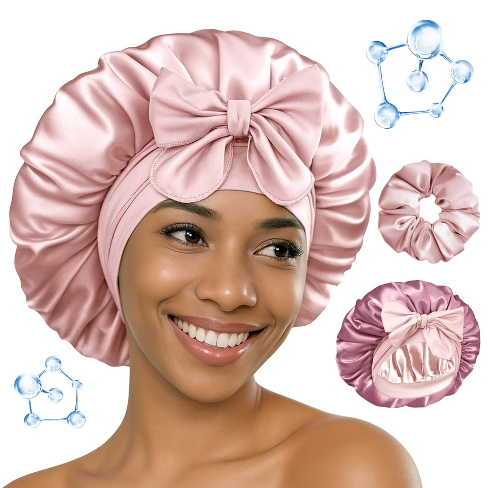 BONNET QUEEN front view showing reversible cream pink and rose gold colors and elegant fit