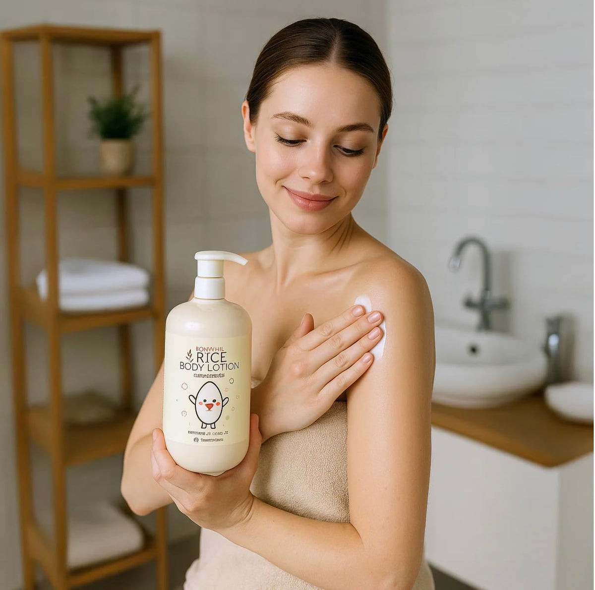 BONNYHILL bottle on bathroom shelf styled to show daily use and subtle radiance