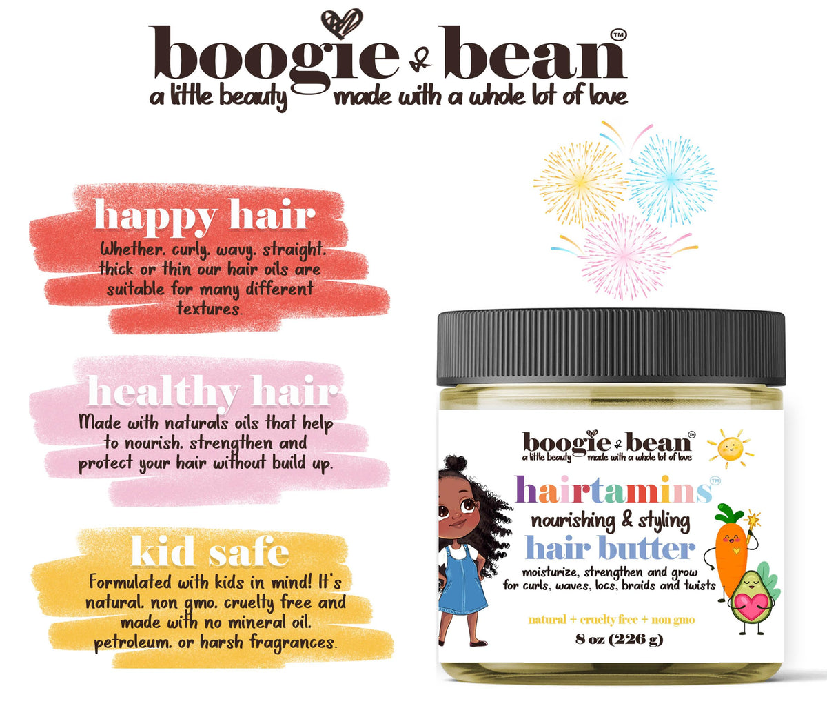 Boogie and Bean smoothing butter through curly child hair for softness
