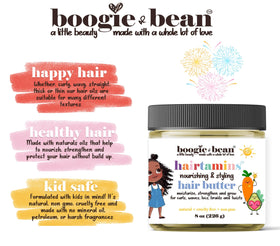 Boogie and Bean smoothing butter through curly child hair for softness