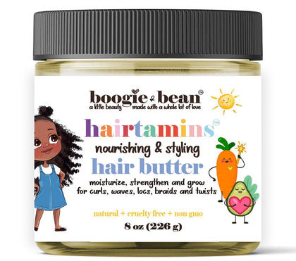 Boogie and Bean jar front label showing gentle kids hair butter benefits