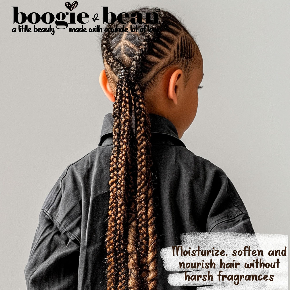 Boogie and Bean natural ingredient bottles emphasizing plant-based benefits