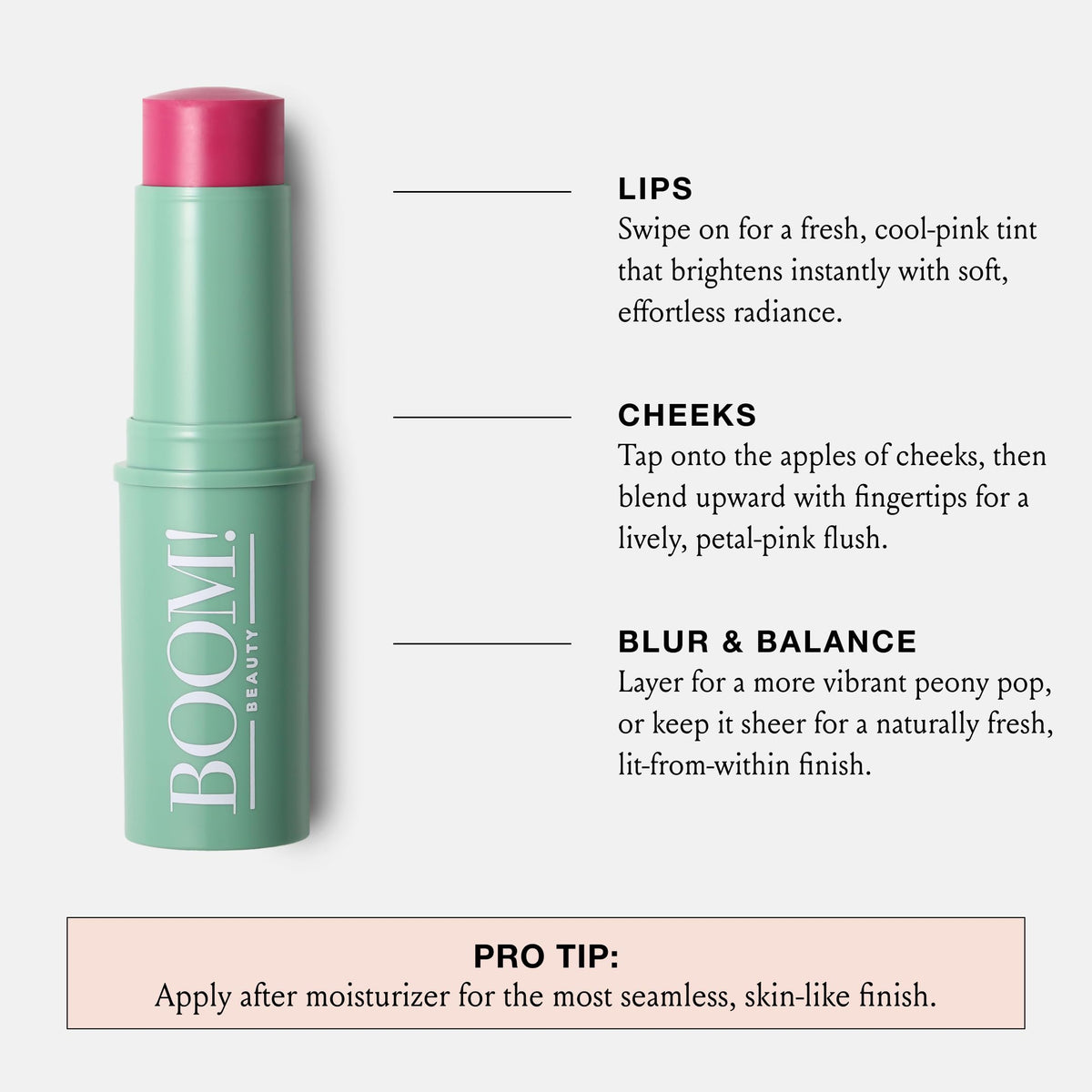 BOOM! by Cindy Joseph applied on lips illustrating comfortable hydrating tint for daily wear