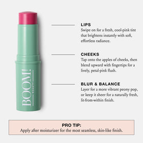 BOOM! by Cindy Joseph applied on lips illustrating comfortable hydrating tint for daily wear