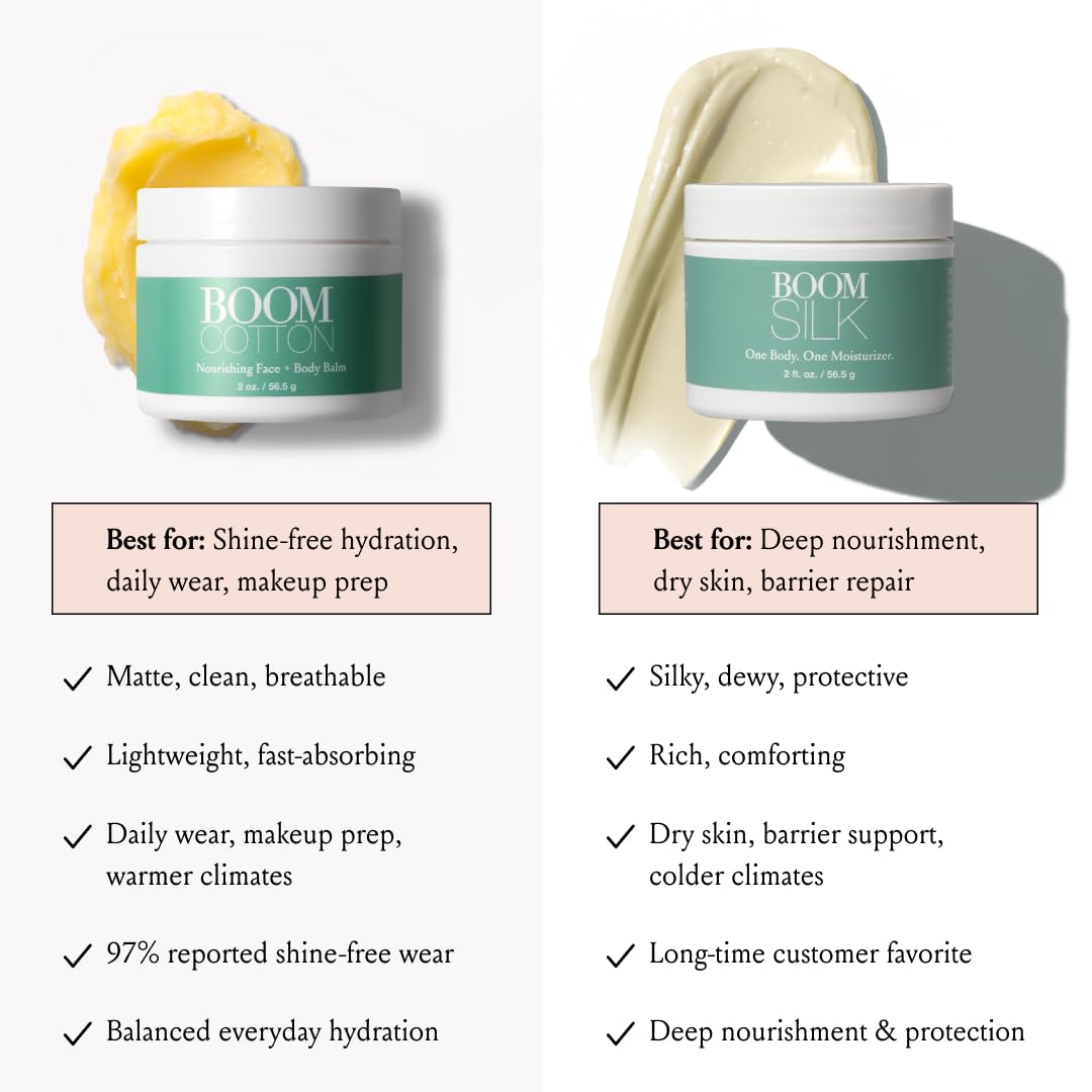 BOOM! Boom Cotton with shea jojoba sea buckthorn flatlay showing natural ingredient benefit