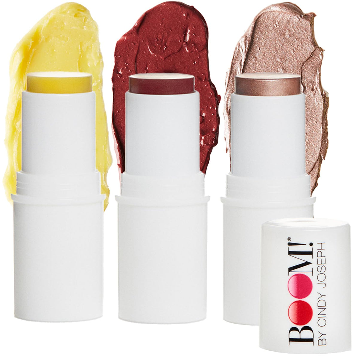 BOOM! by Cindy Joseph trio packed in a handbag for on-the-go touch-ups