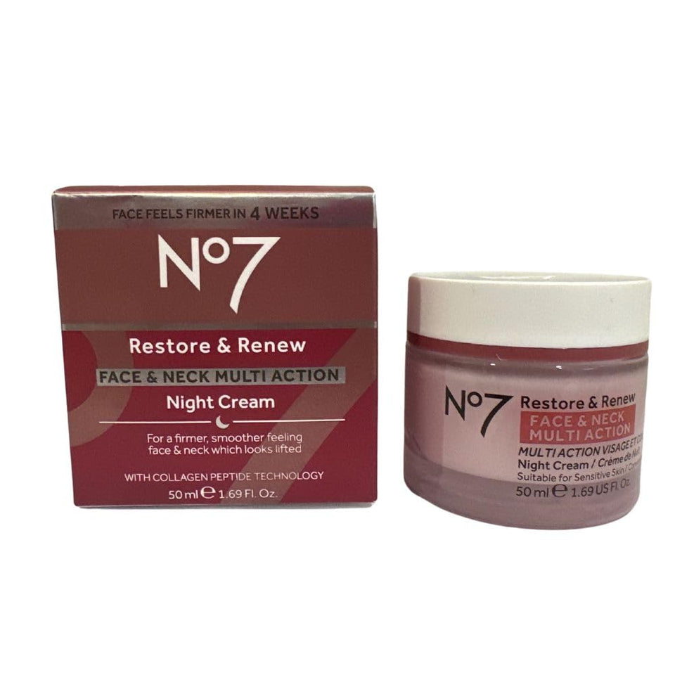 Boots No7 jar front view showing elegant label and firming cream benefit