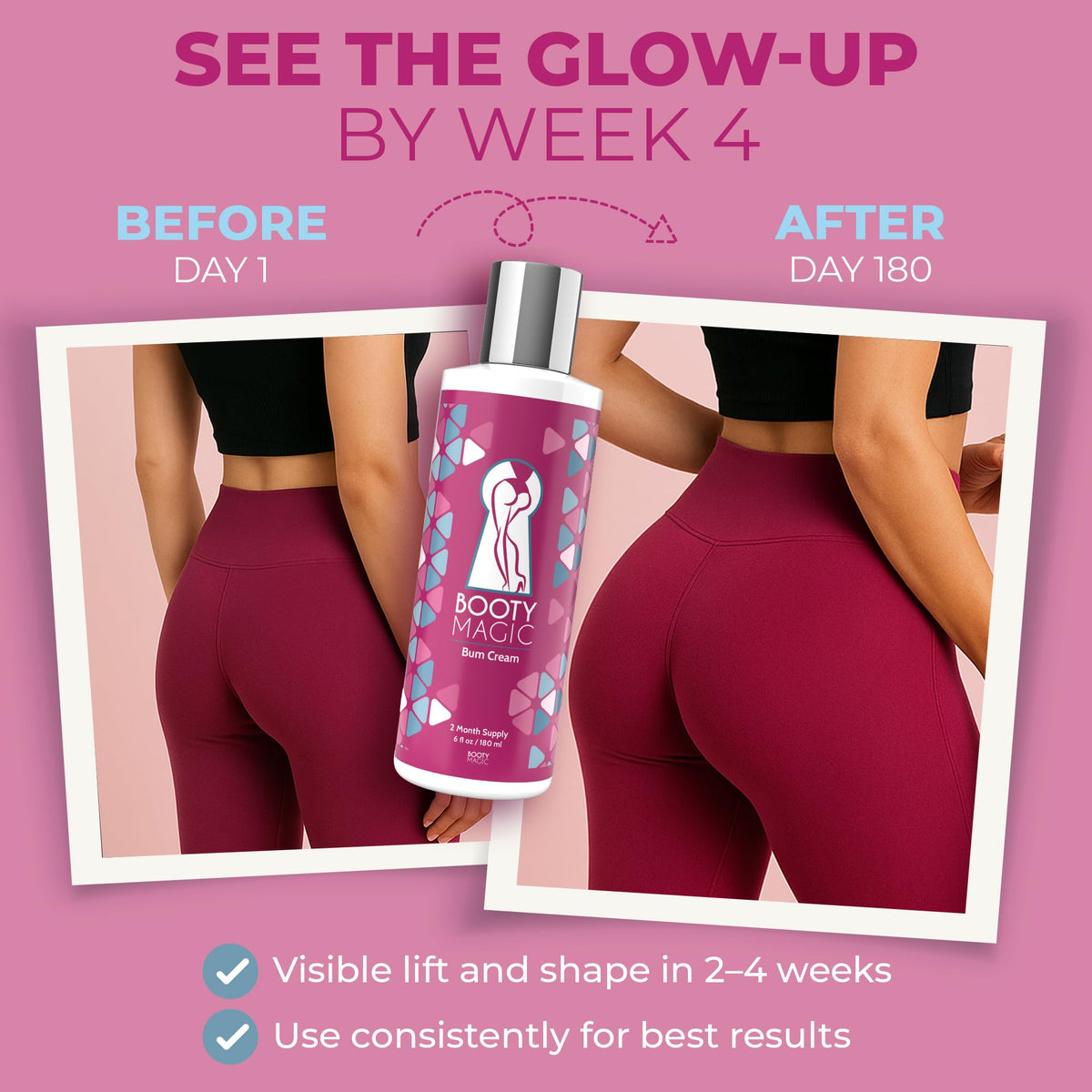 Booty Magic bottle next to ruler illustrating the 6.0 oz size