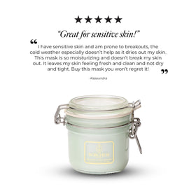 Borghese mask application on model's cheek showing even spread and soothing finish