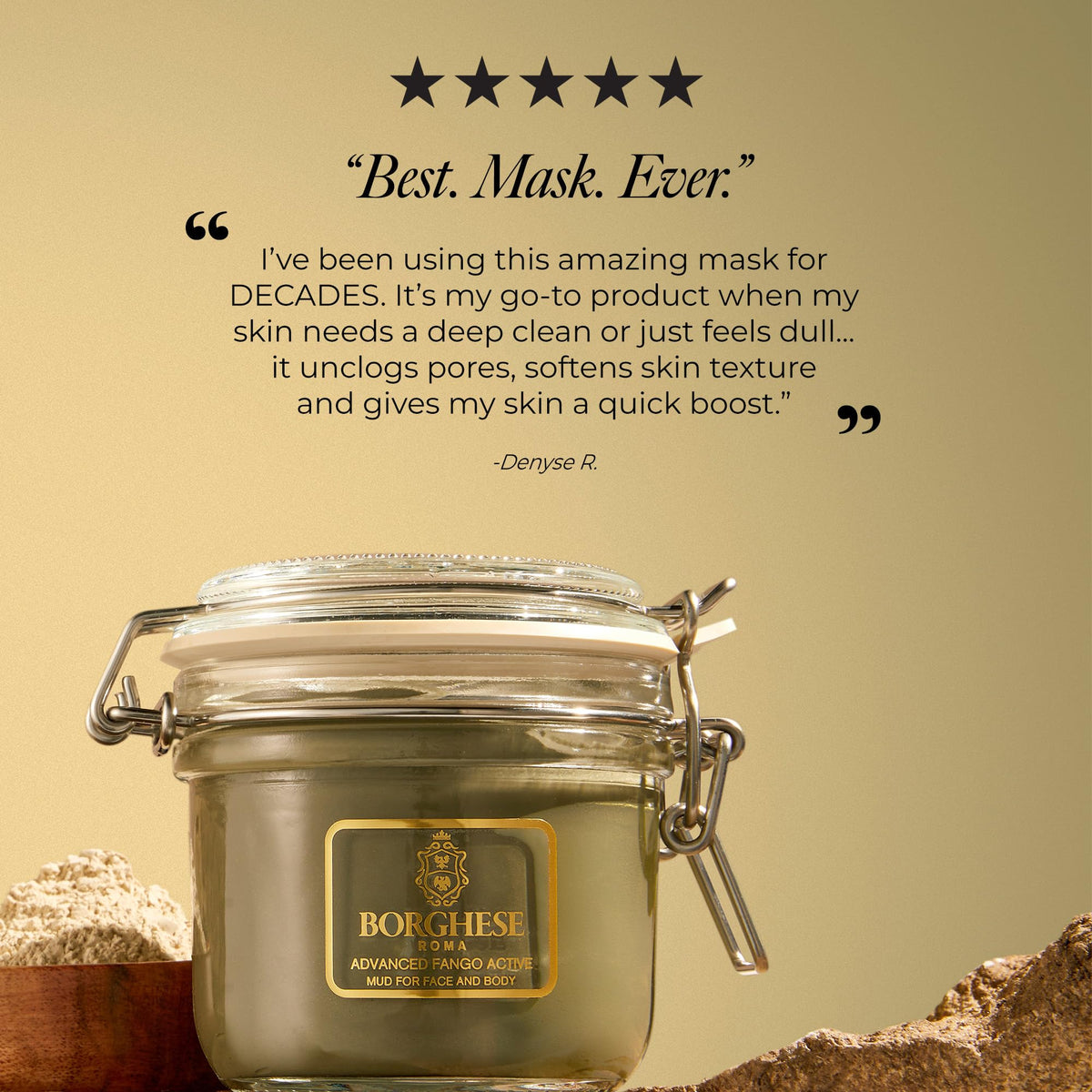Borghese closeup of clay and hyaluronic acid components highlighting skin benefits