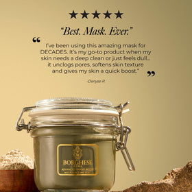 Borghese closeup of clay and hyaluronic acid components highlighting skin benefits