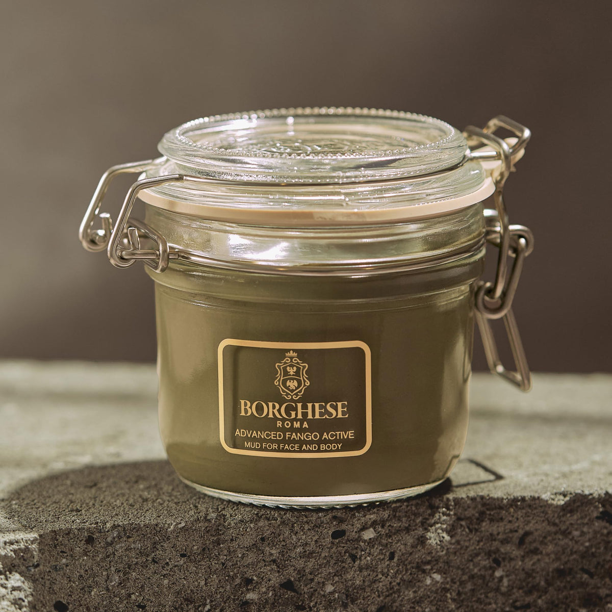 Borghese jar on bathroom shelf in spa-like scene suggesting relaxing treatment