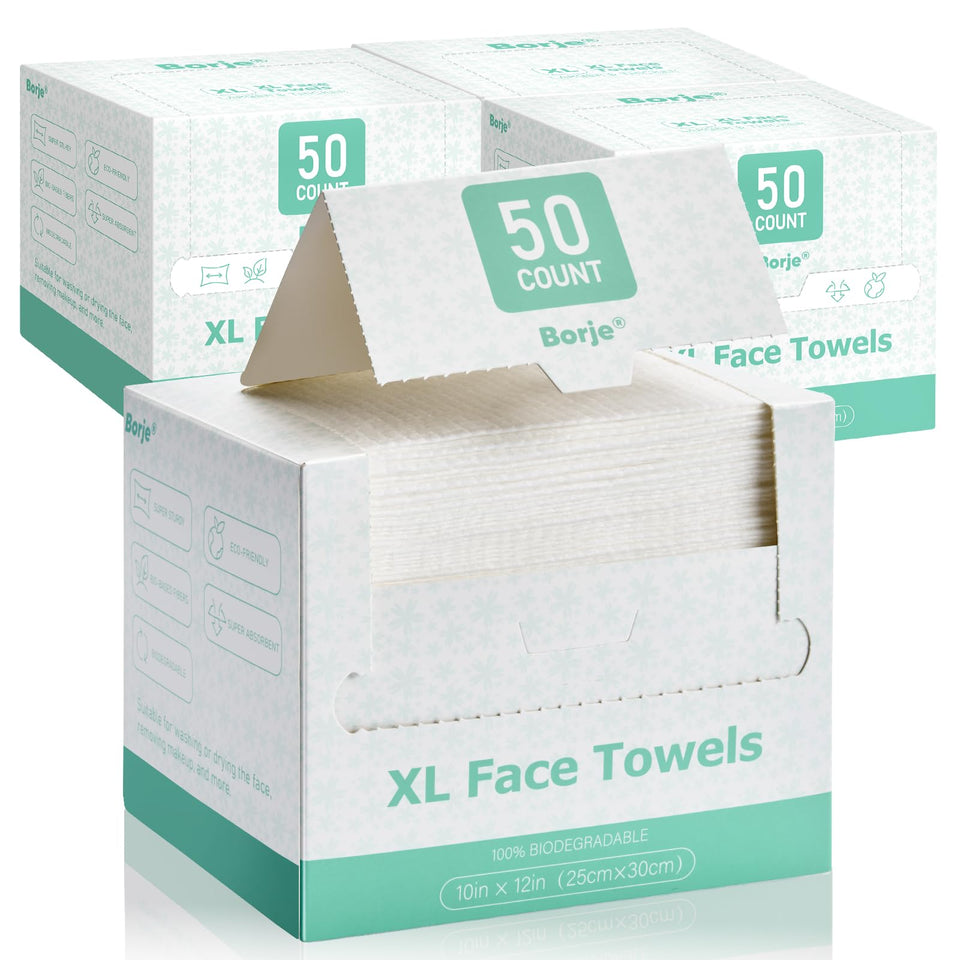 Borje front packaging showing 4 boxes and 200 towels, easy storage benefit