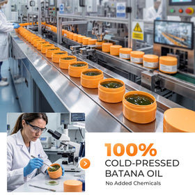 BORMSI Batana Oil in bathroom setting with towel and cap portraying relaxing at-home treatment