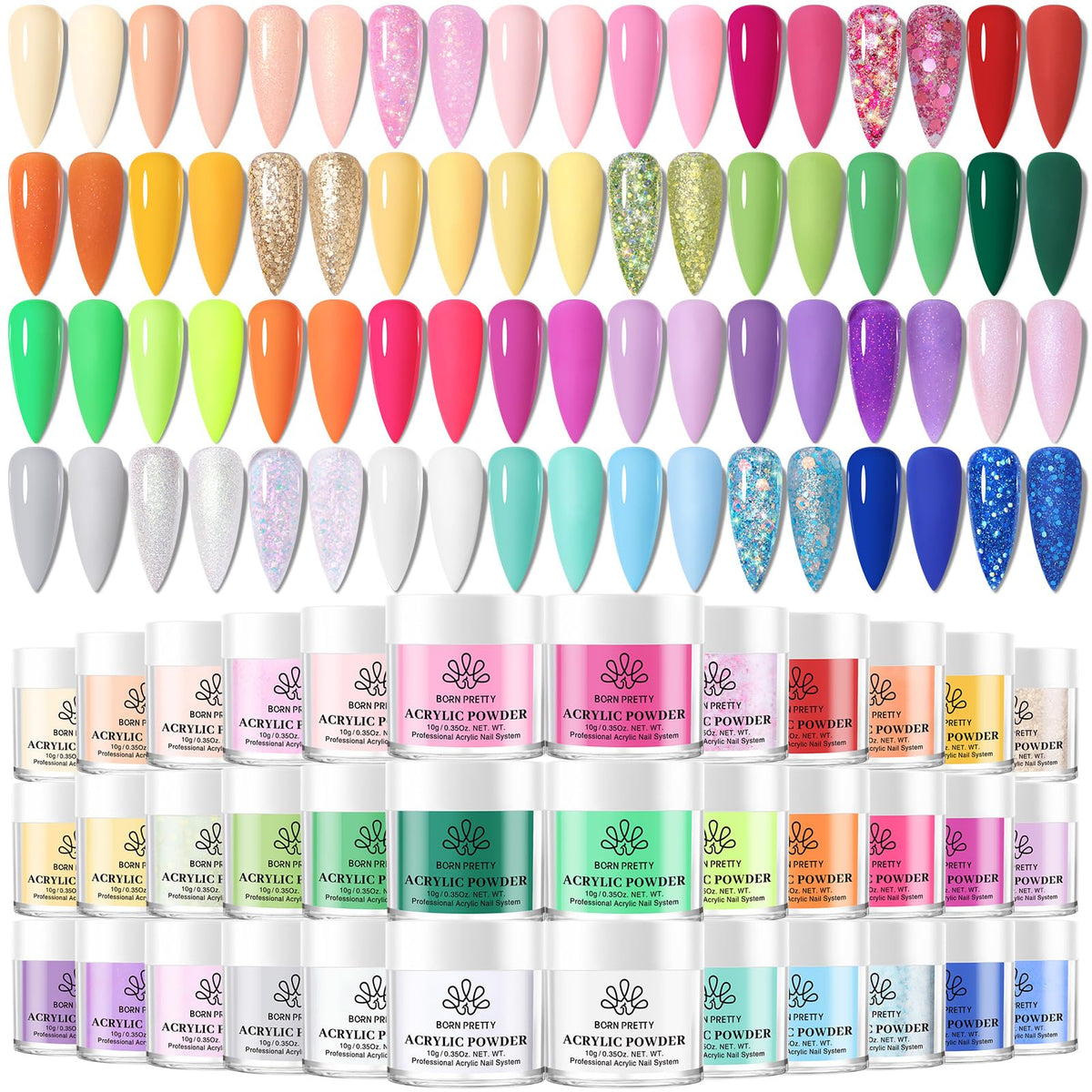 Born Pretty front packaging showing 36-color acrylic kit and full palette benefit
