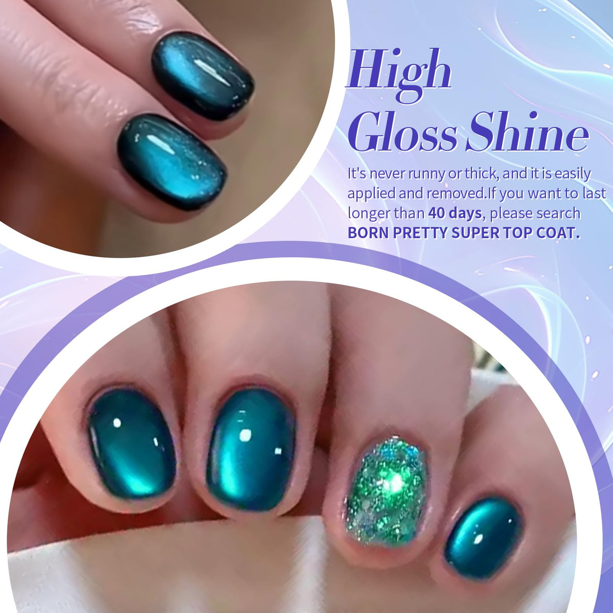 Born Pretty bottle label close-up revealing shade name and shimmer particles for easy selection