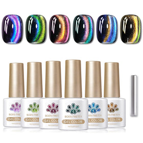 Born Pretty front packaging showing six 7ml bottles and magnetic stick for an instant holographic manicure benefit