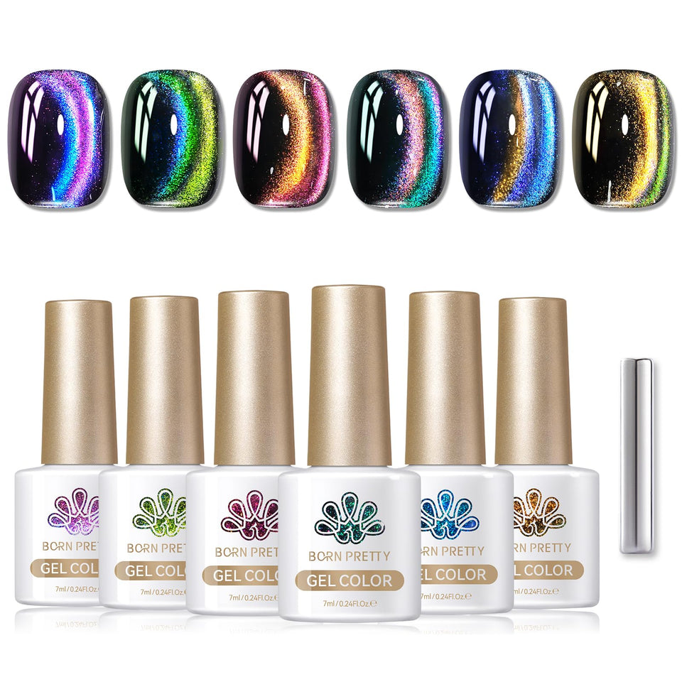 Born Pretty front packaging showing six 7ml bottles and magnetic stick for an instant holographic manicure benefit