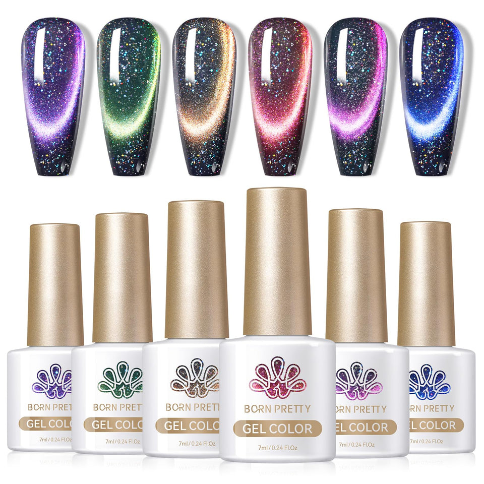 Born Pretty front packaging showing the six 7ml magnetic gel bottles and luxe black theme