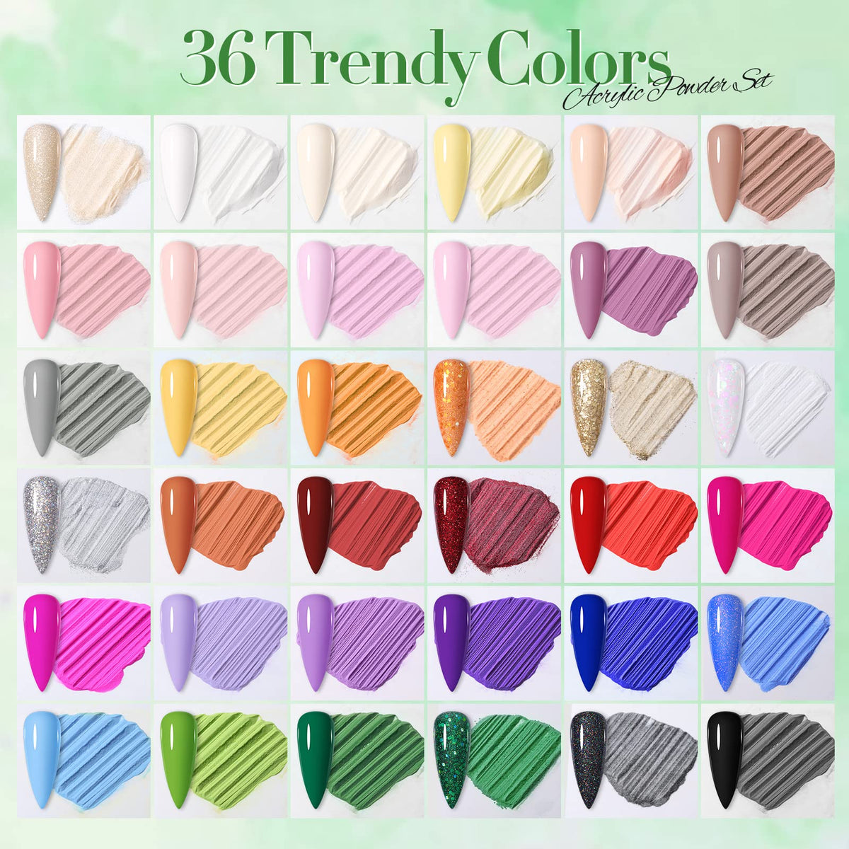Born Pretty open set arranged to display all 36 powder pots for easy selection