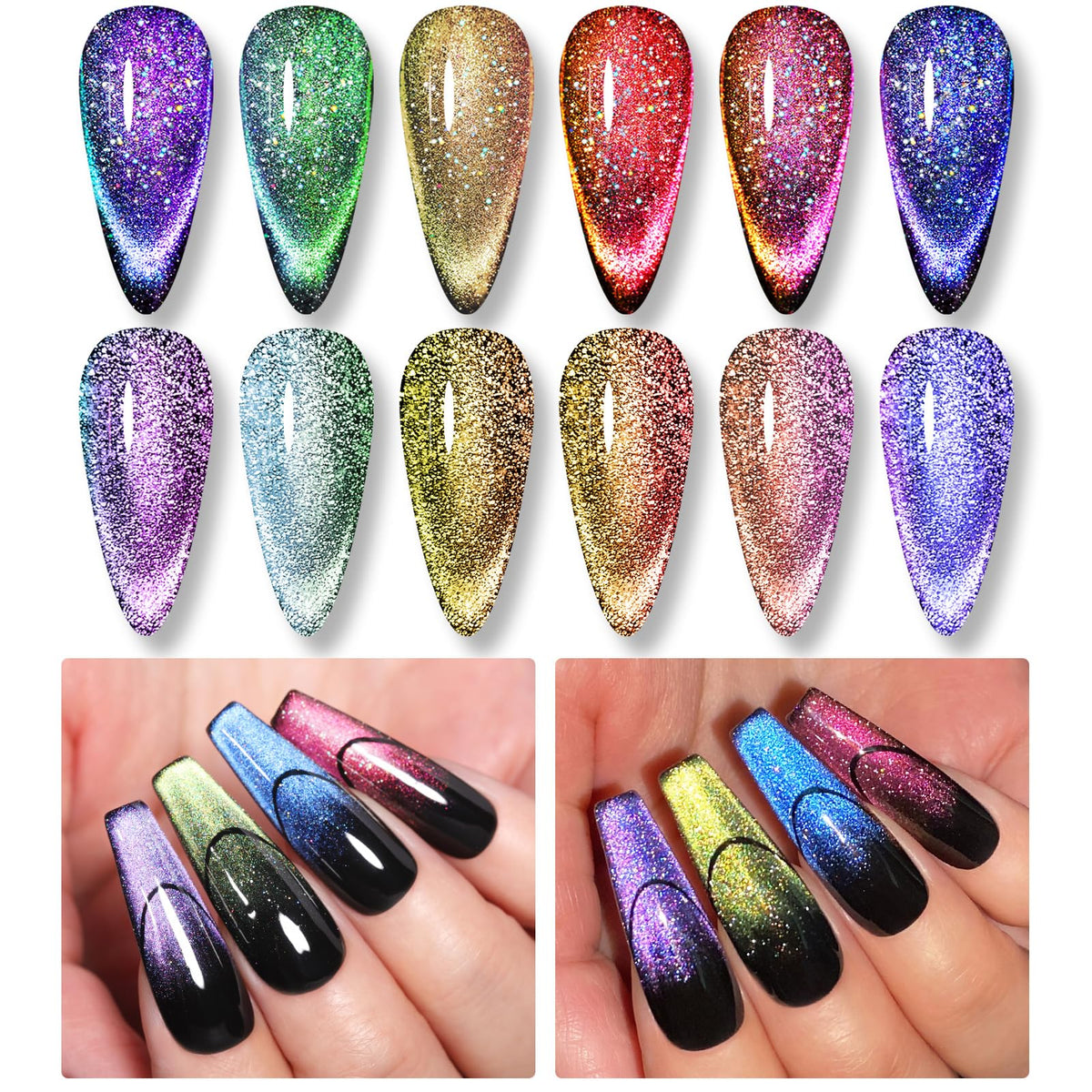 Born Pretty swatch collection on display card revealing six distinct holographic color shifts