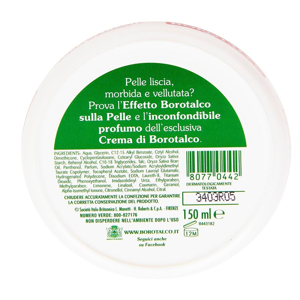 Borotalco cream texture close-up illustrates smooth, fast-absorbing hydration benefit
