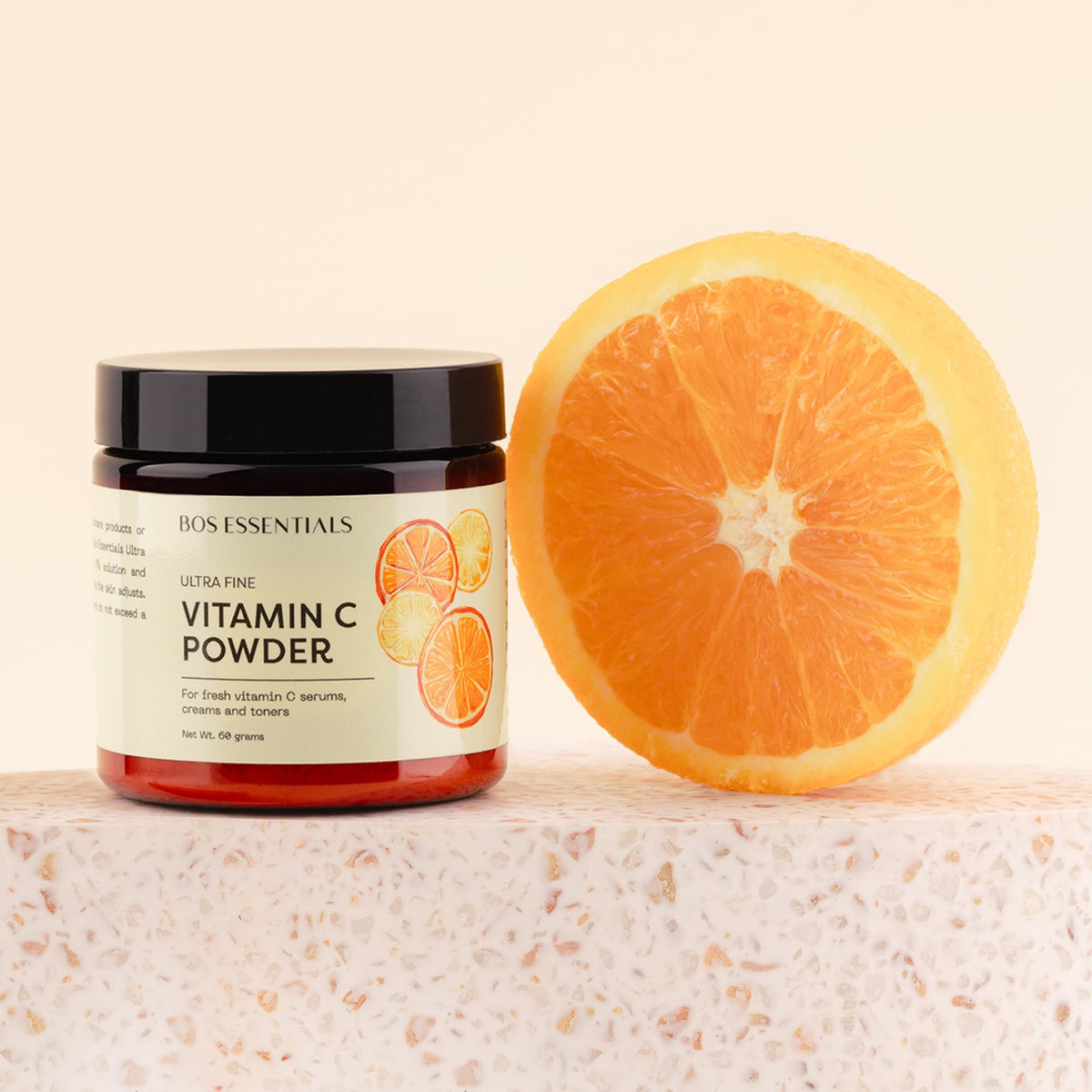 Bos Essentials label detail emphasizing non-GMO cosmetic-grade ingredient information
