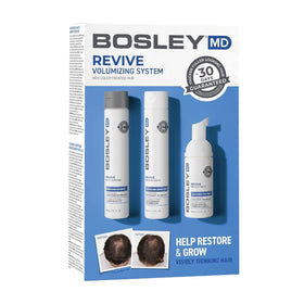 BosleyMD front packaging showing the three-step volumizing starter kit and benefit