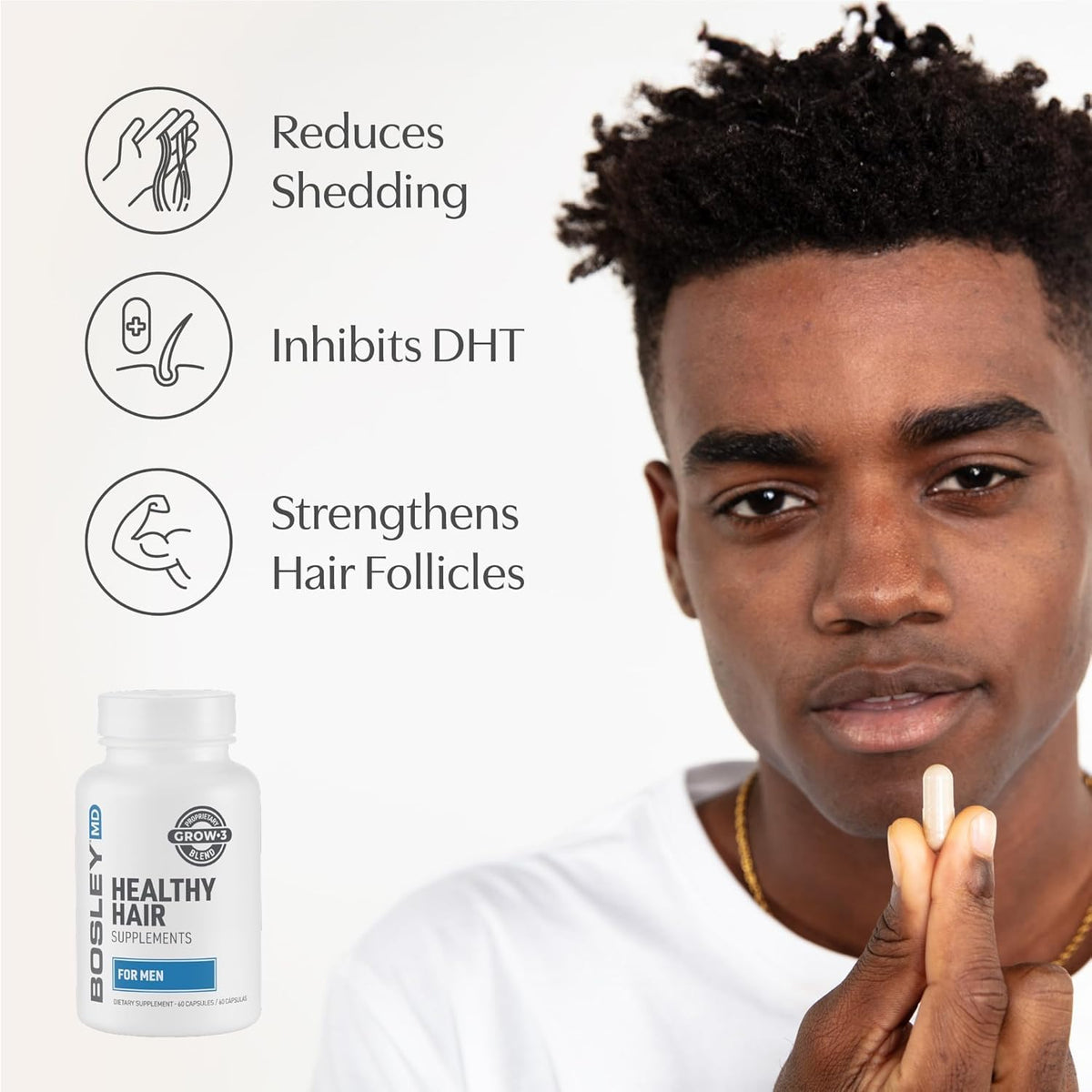 BosleyMD capsule close-up texture highlighting easy-to-swallow vegan formula