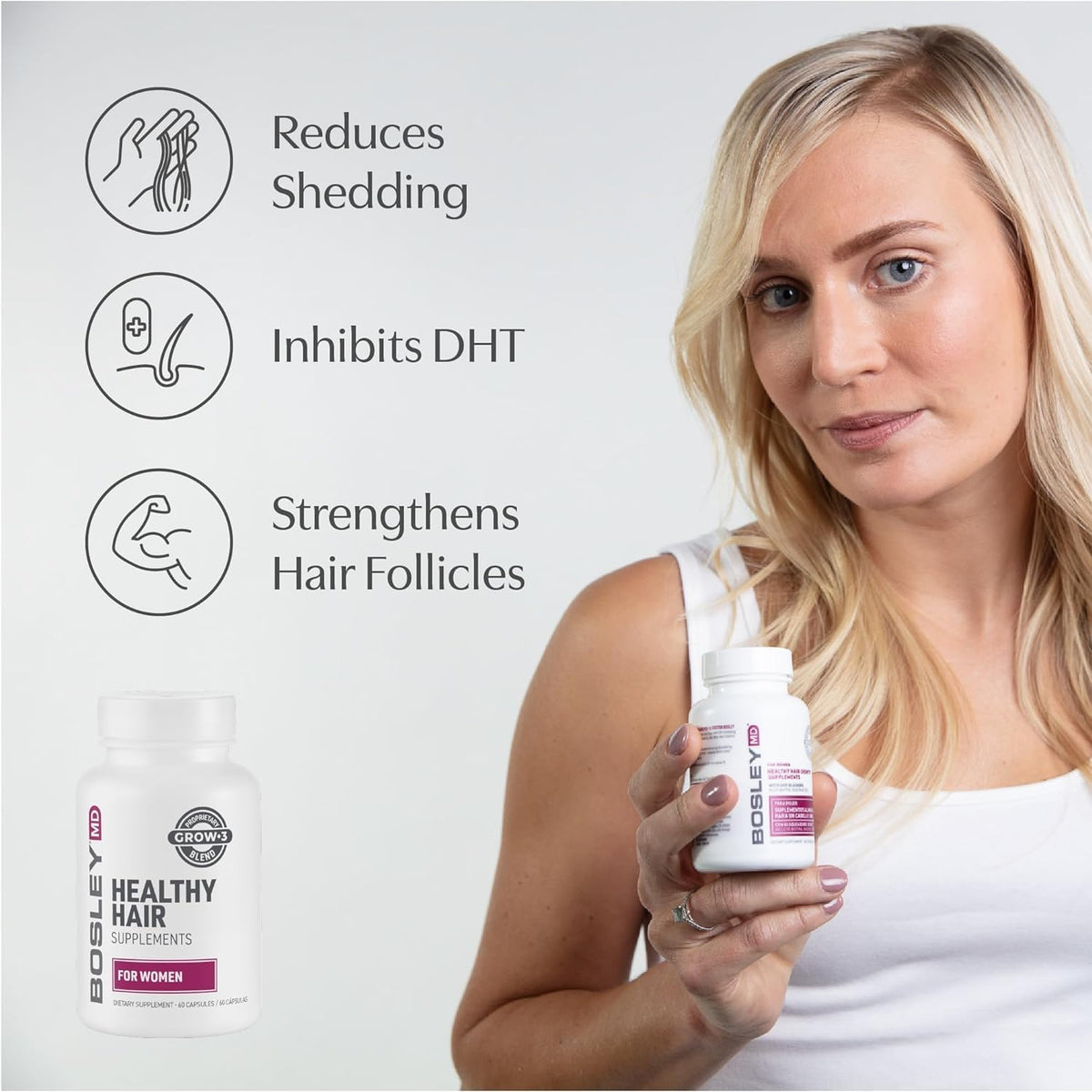 BosleyMD capsules in hand demonstrating pill size and daily-dose convenience