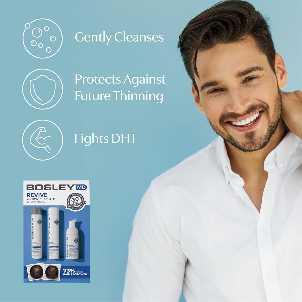 BosleyMD conditioner pouring from bottle to show smoothing and detangling