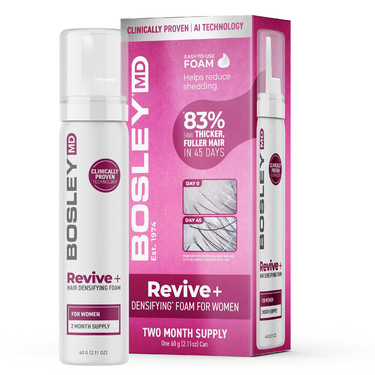 BosleyMD foaming can front view showing packaging and usage benefit