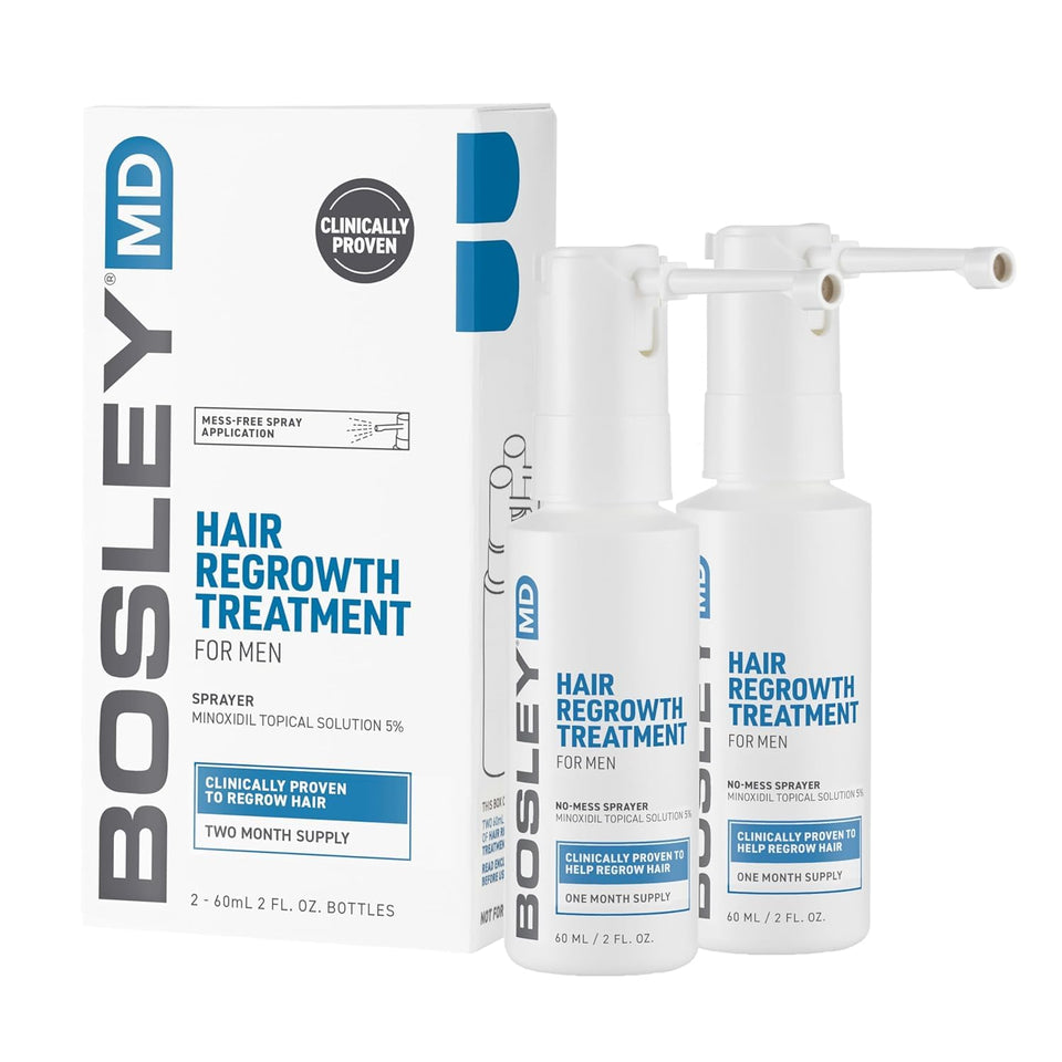 BosleyMD front packaging showing two 2 fl oz bottles and clear labeling for easy identification and storage