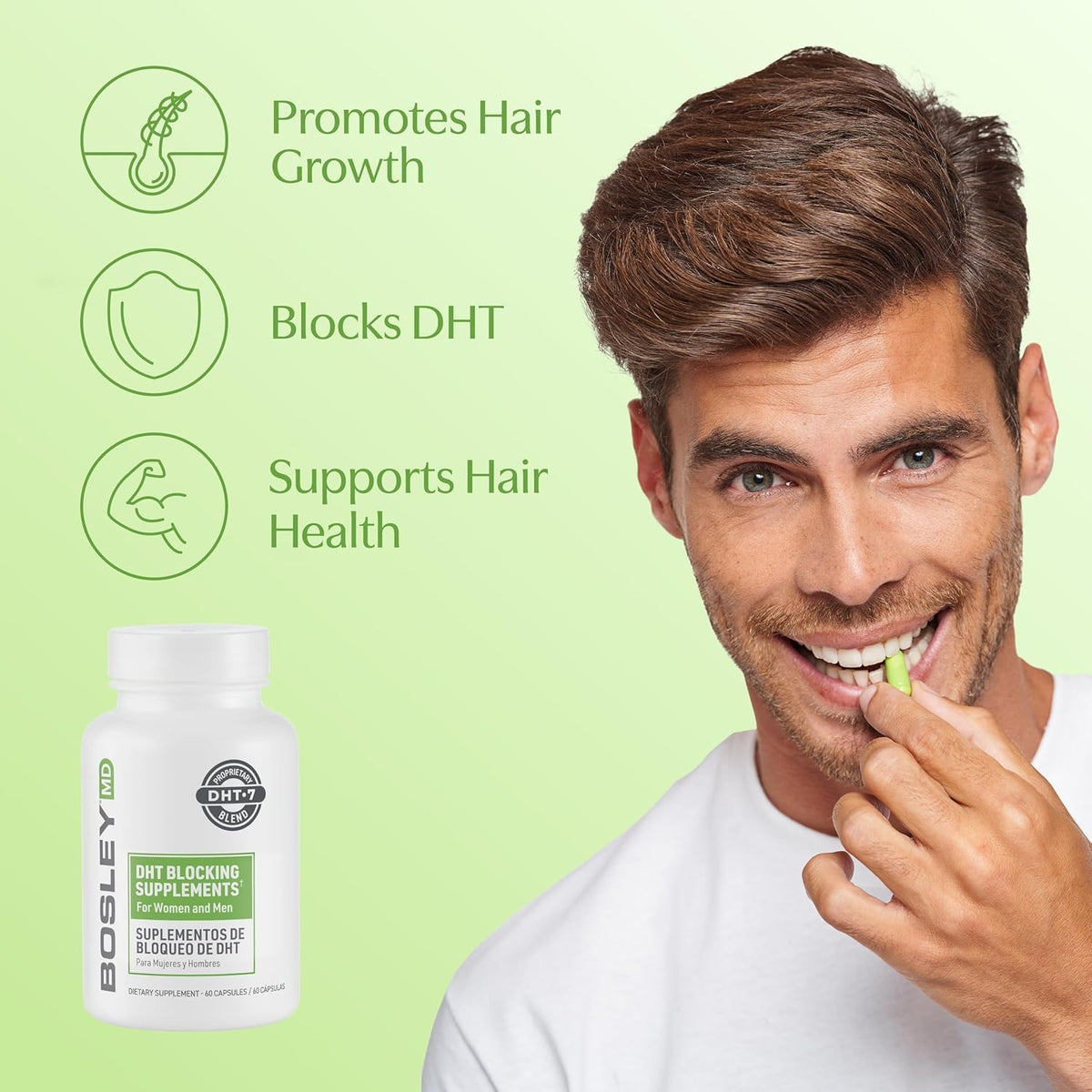 BosleyMD ingredients label highlighting DHT·7 blend and botanical components for transparency