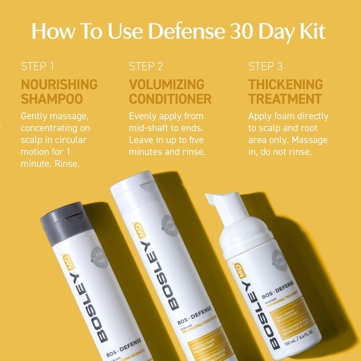 BosleyMD leave-in thickening foam dispensed on hand for instant volume and easy application