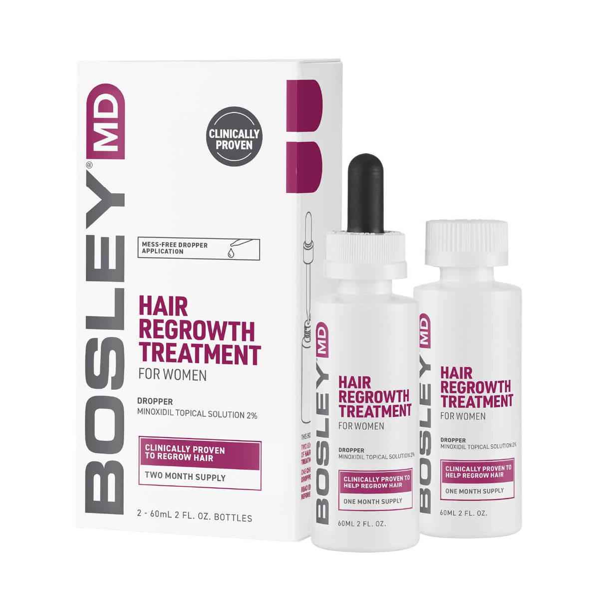 BosleyMD front packaging showing two-bottle pack and branding for trusted hair solution