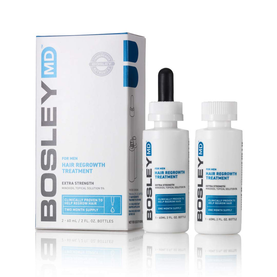 BosleyMD front packaging showing two 2 fl oz bottles and brand clarity benefit