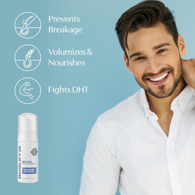 BosleyMD in-hand application massaging foam into scalp to boost root volume