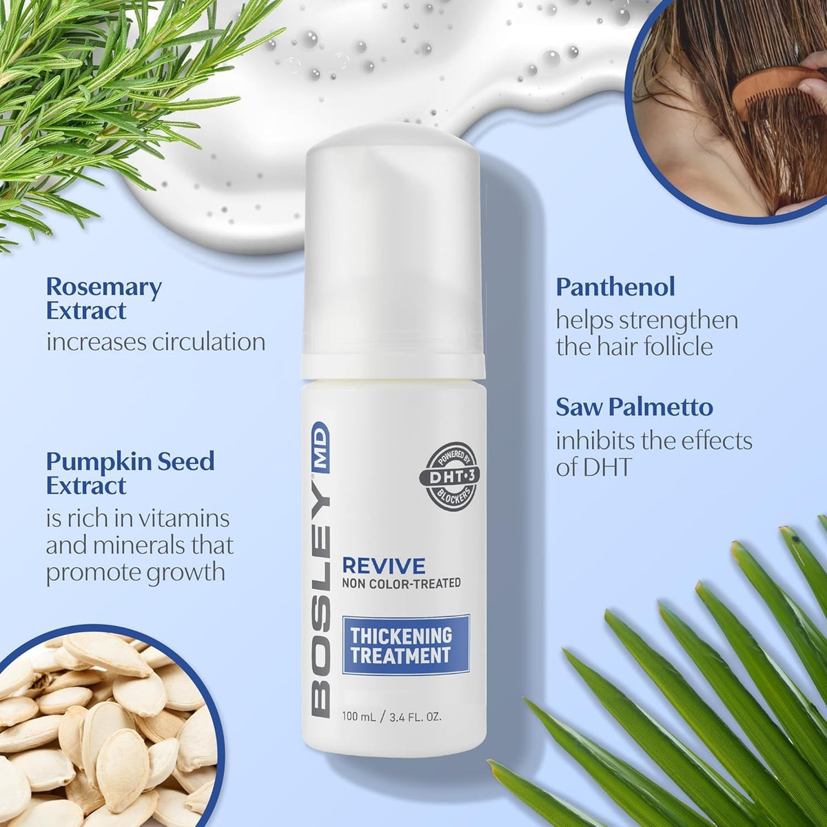 BosleyMD rosemary and saw palmetto ingredients laid out indicating natural actives