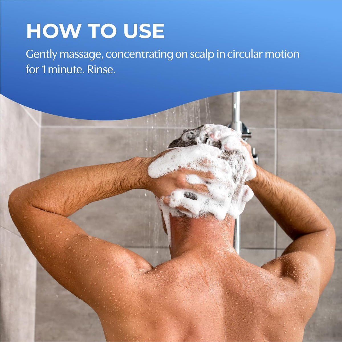 BosleyMD shampoo being applied in shower illustrating easy use