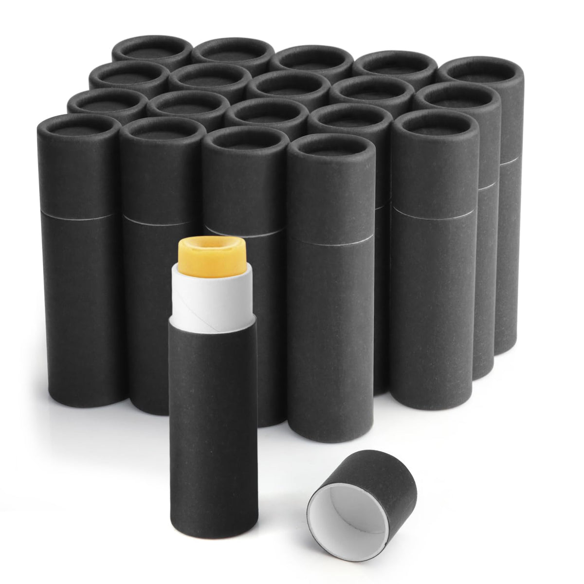 BOSMIOW front view of 20 black push-up tubes showing tidy packaging and eco benefit