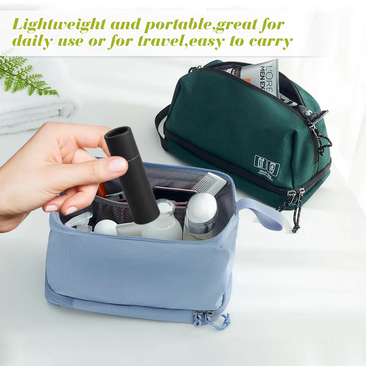 BOSMIOW tubes inside a travel cosmetic bag illustrating convenient on-the-go storage