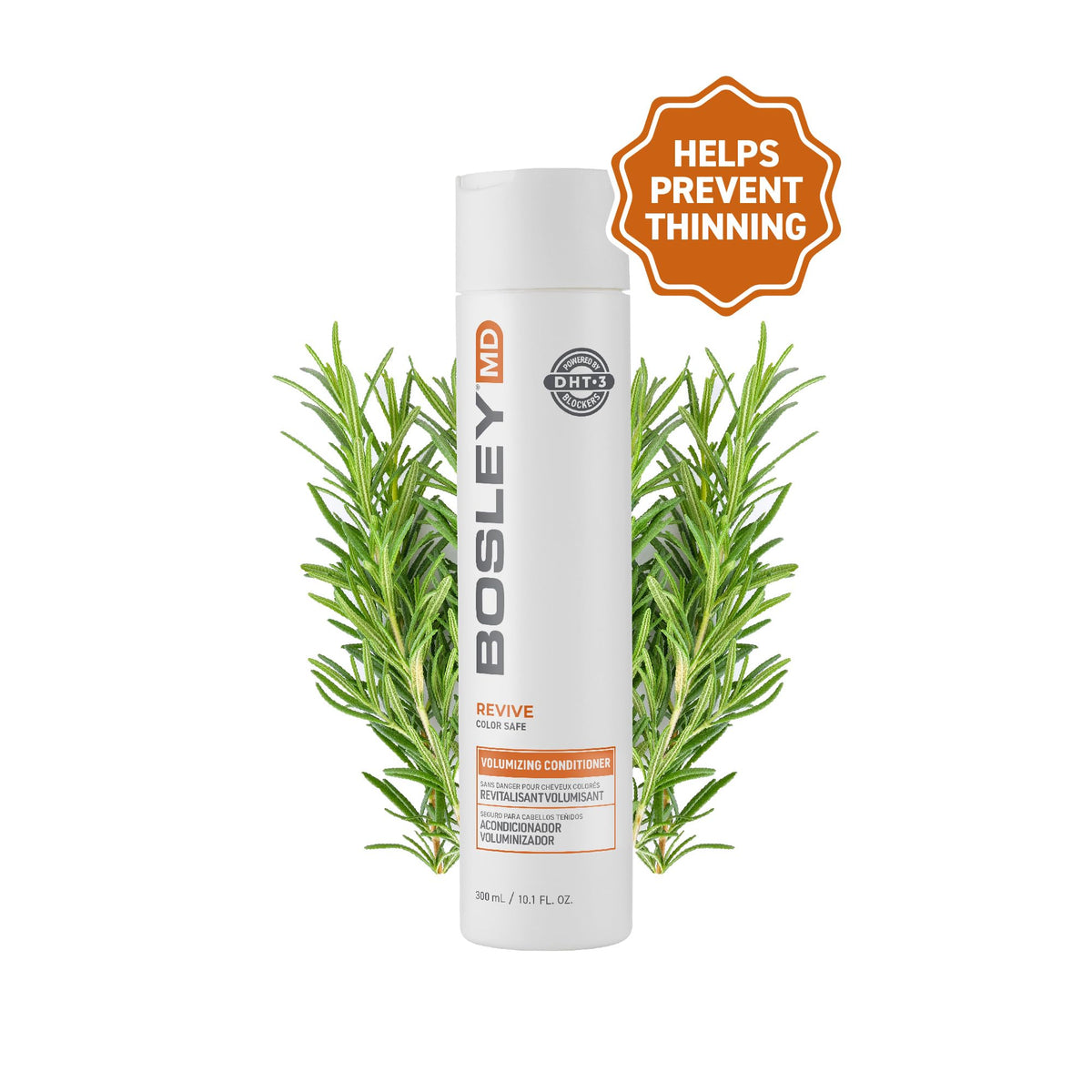 BosleyMD bosrevive bottle beside rosemary and saw palmetto botanicals