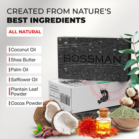 Bossman bar close-up texture with visible charcoal grains for gentle cleansing