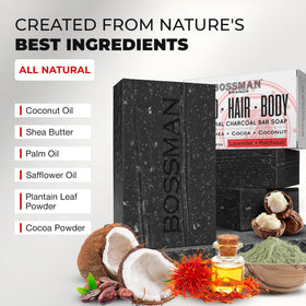 Bossman bar texture close-up highlighting charcoal swirls and moisturizing oils