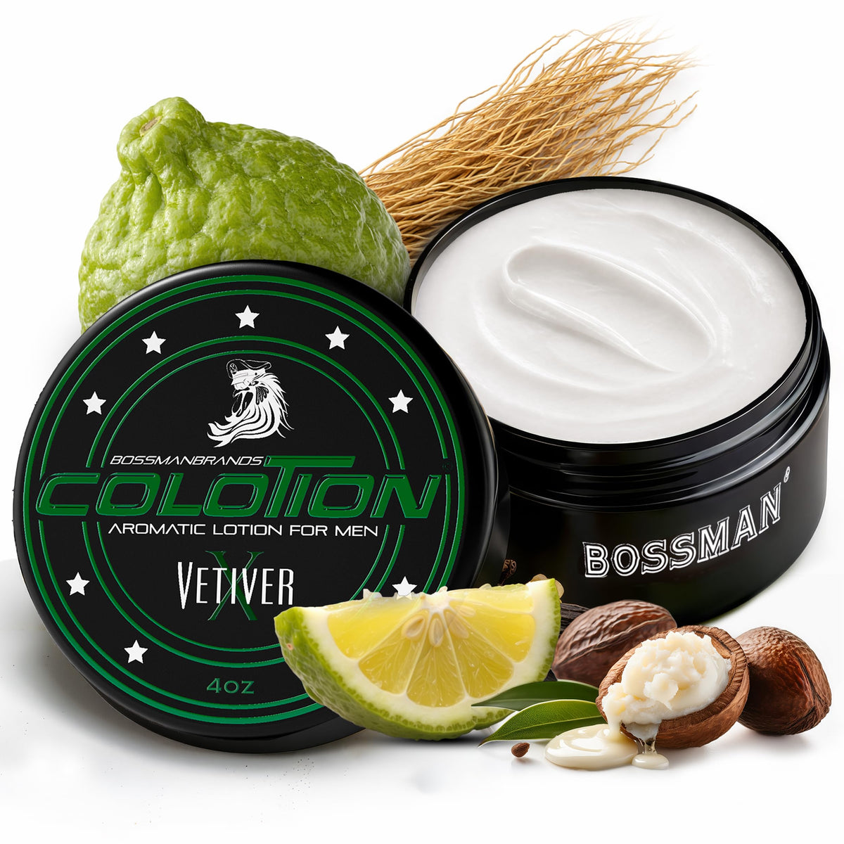 Bossman Colotion front packaging showing Vetiver X scent and benefit