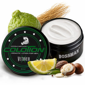 Bossman Colotion front packaging showing Vetiver X scent and benefit
